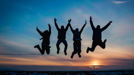 Happy peoples in silhouette jumping up in the air in sign of success and achievement.