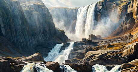 a powerful waterfall cascading down a rocky cliff in the midst of mountains - obrazy, fototapety, plakaty