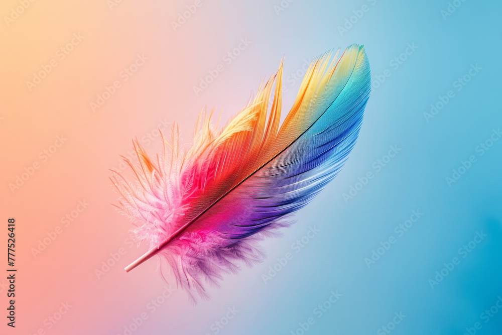 Poster colored bird feather floating in air on gradient background