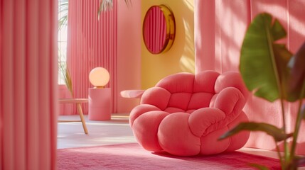 Cozy pink interior with a unique plush armchair and warm lighting