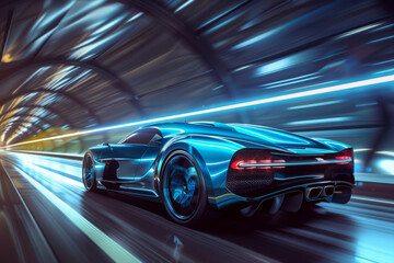 Back view of blue sports car in tunnel with motion blur effect. Futuristic sports car at night road with light effects. - obrazy, fototapety, plakaty