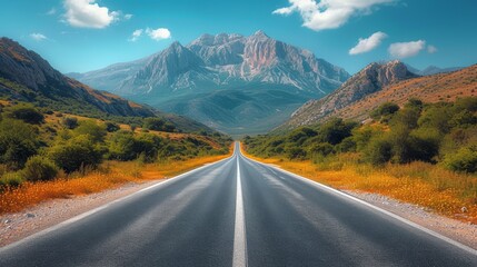 Naklejka premium A straight road, flanked by mountains in the foreground, leads to a distant mountain range