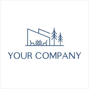 Minimal house home with tree and camp fire minimal line logo