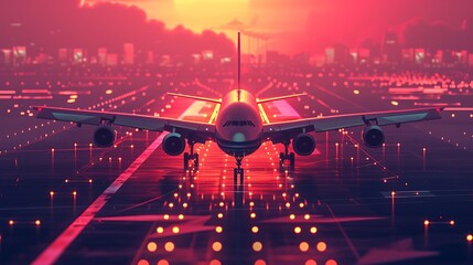 a vivid AI illustration of an airplane gracefully touching down on a bustling airport runway,...