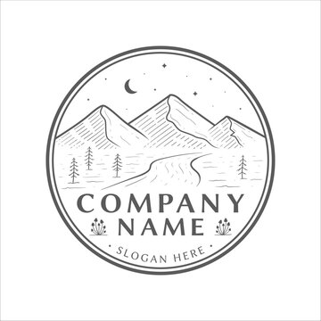 Mountain adventure mushroom line vintage hand drawn circle logo