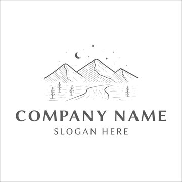Mountain adventure mushroom line vintage hand drawn logo