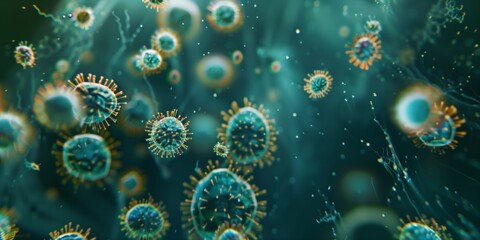 Artistic representation of virus particles in a blue-green aquatic environment
