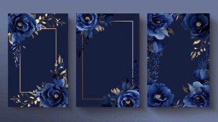 Wedding invitation modern set with blue and navy indigo florals and gold watercolors. Luxury background and template layout design for invite cards.