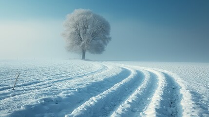   A solitary tree stands in a snow-covered field, tracks punctuating the foreground; behind, a blue sky extends - obrazy, fototapety, plakaty
