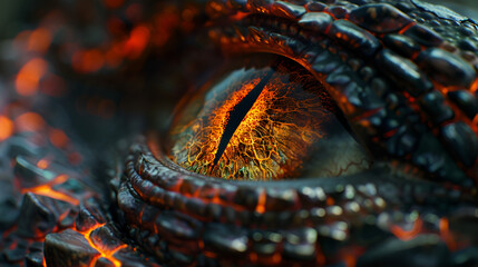 a close up of a dragon's eye, fantasy art illustration, dragon eye with luminous fire and raging beast face full pixel wallpaper, fire dragon crocodile eye, Generative ai - obrazy, fototapety, plakaty