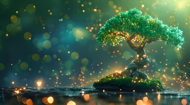 A mystical bonsai tree with illuminated branches set against a backdrop of glittering bokeh lights