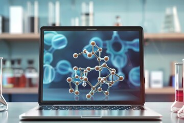 Digital visualization of a breakthrough medications molecular structure on a laptop in a lab
