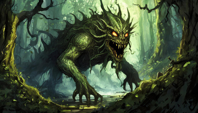 Fearsome mystical monster lurking in shadows of dark forest. Scary creature.