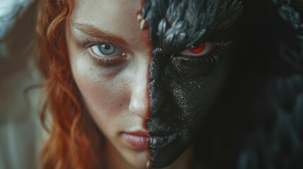 Concept of opposition between good and evil. Devil and angel in one person. The opposites of eternal fight good and bad. Demon eyes. Hell vs heaven. Holy white or red Satan fire. - obrazy, fototapety, plakaty