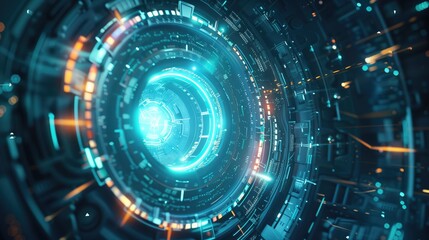 Digital technology high tech sci fi space station tunnel glowing light blue futuristic background - obrazy, fototapety, plakaty