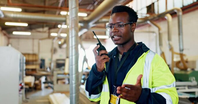 Logistics, black man and radio in warehouse for communication, delivery or distribution. Carpentry, inspection and male worker with transceiver for woodwork production, manufacturing or restoration