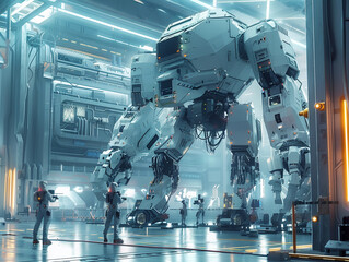 A team of engineers with AI assistants working on a giant mech robot in a high-tech hangar, preparing for a mission on a distant planethyper realistic, low noise, low texture, futuristic style
