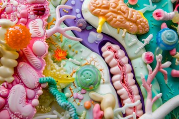 Create a whimsical interpretation of the microbial world within the human gut