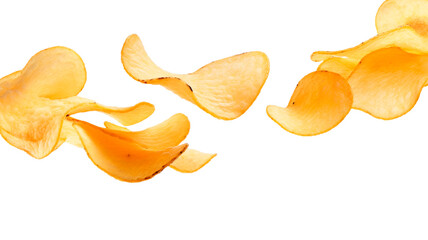 Potato chips rise up from the pile with chips, isolated on a transparent or white background.
