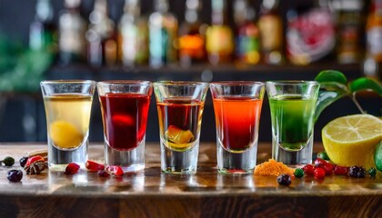 Set of colorful different bitters and liqueurs in shot glasses on bar counter.
