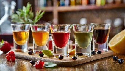 Set of colorful different bitters and liqueurs in shot glasses on bar counter. - obrazy, fototapety, plakaty