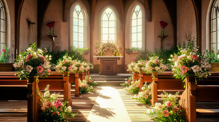 Church decorated for wedding ceremony simple style in sunny day.