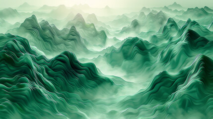 Obraz premium Abstract landscape mountain on Green background. Line art wallpaper design with hills in white wave line. Hand drawn panorama view of mountains suitable for cover, banner, decoration, poster.