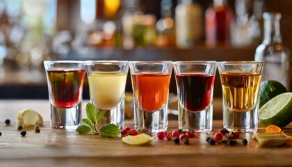 Set of colorful different bitters and liqueurs in shot glasses on bar counter.  - obrazy, fototapety, plakaty