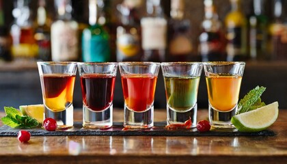 Set of colorful different bitters and liqueurs in shot glasses on bar counter. 