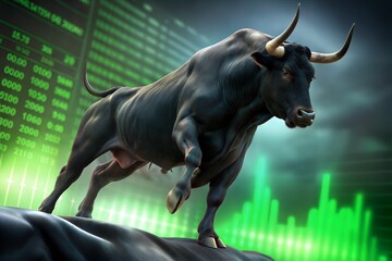 An illustration of a bull market Contains a bull on a green stock graph background for use on websites and advertisements. - obrazy, fototapety, plakaty