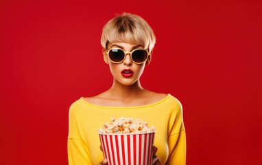 Woman with popcorn and yellow top