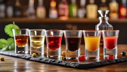 Set of colorful different bitters and liqueurs in shot glasses on bar counter. 