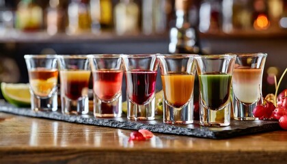 Set of colorful different bitters and liqueurs in shot glasses on bar counter. 