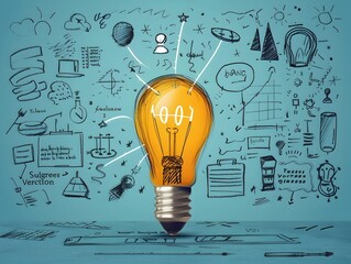 Light Bulb Illuminates Drawn Diagrams and Representing New Invention and Product Development Ideas in an Office Setting