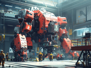 A team of engineers with AI assistants working on a giant mech robot in a high-tech hangar, preparing for a mission on a distant planethyper realistic, low noise, low texture, futuristic style - obrazy, fototapety, plakaty
