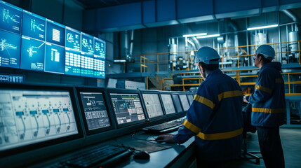 Chemical Plant Operations, Workers Monitoring Processes in Control Room