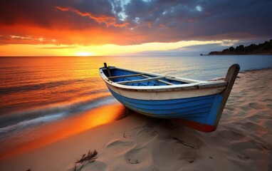 Solitary boat on shore at sunset