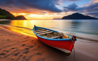 Boat resting on tranquil beach at dusk