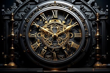 classic clock with intricate gold detailing and Roman numerals is displayed prominently - obrazy, fototapety, plakaty