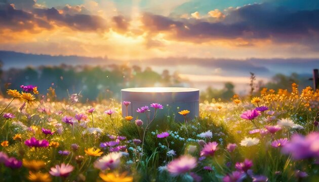 Elegant natural podium for product display, amidst a dreamy field of vibrant flowers, soft morning light enhancing serene mood, photorealistic, wide angle, dawn, digital art	
