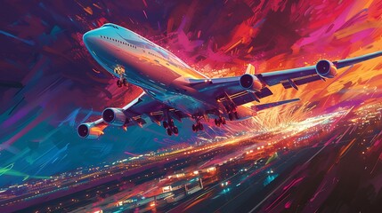 a vivid AI illustration of a commercial jet soaring gracefully above a bustling airport runway,...