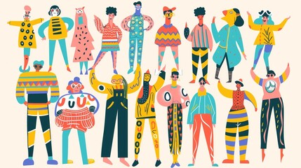 Fototapeta na wymiar Colorful, stylized characters in whimsical outfits posing playfully in an illustration