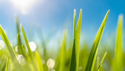 Green blades of grass, backdrop of a clear azure sky, embodiment of spring's renewal	
