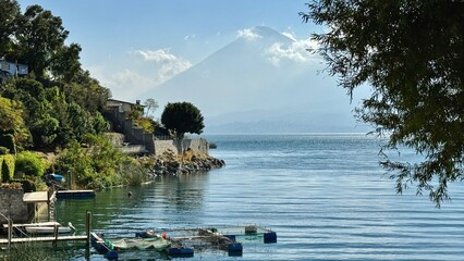 Lake Atitlan at San Antonio Palopo with volcano at the background in Guatemala 