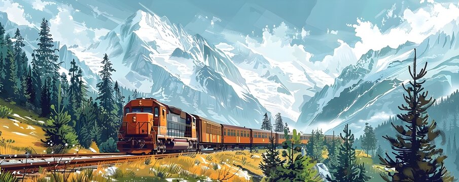 Hand Drawn of Freight Train Winding Through Majestic Mountainous Landscape with Scenic Vistas and Serene Atmosphere