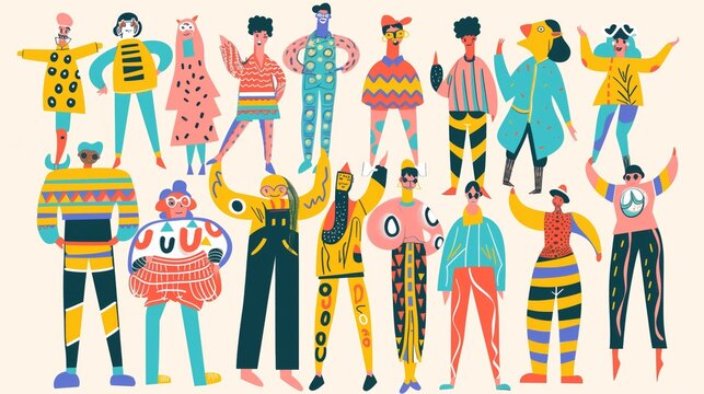 Colorful, stylized characters in whimsical outfits posing playfully in an illustration