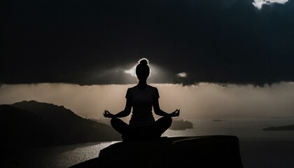 Silhouette of human sitting. Meditation in yoga. Psychology and relax  - obrazy, fototapety, plakaty
