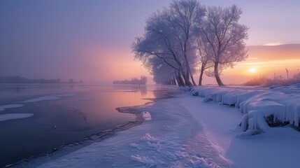 A serene winter scene with a body of water and trees. The sky is a mix of pink and purple hues, creating a peaceful atmosphere