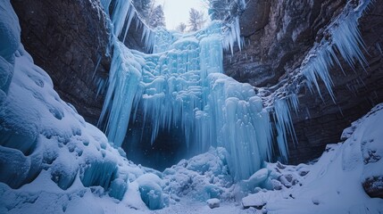 A frozen waterfall with icicles hanging from the ceiling. Concept of awe and wonder at the beauty of nature