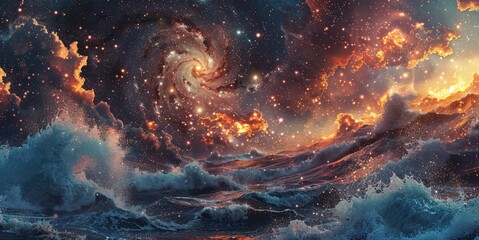 A painting of a galaxy with a spiral galaxy in the center. The galaxy is surrounded by a blue and orange sky with clouds. The painting has a dreamy and peaceful mood - obrazy, fototapety, plakaty